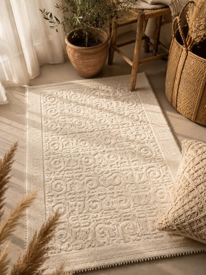 Bohem Pamuklu Bukle Kilim - Modern Dokuma Kilim - Yıkanabilir Mutfak ve Koridor Halısı