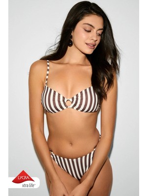 Kom Lınjeli Kahve Çizgi Desen Straplez Bikini