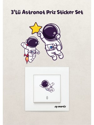 Alışveriş Kurdu Duvar Priz Sticker - 3'lü Astronot Temalı Erkek Çocuk Odası Duvar Sticker Etiket