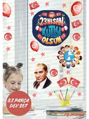 Alışveriş Kurdu 23 Nisan Sticker Seti 83 Parça Dev Set- 23 Nisan Çocuk Bayramı Cam Duvar Sticker Seti