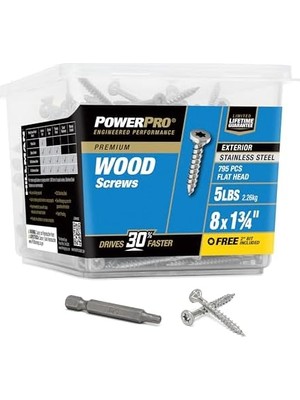 Power Pro Ahşap Vidalar, #8x2,5cm, Premium Paslanmaz Deniz Vidaları, 2,3kg Tüp, 860 Adet