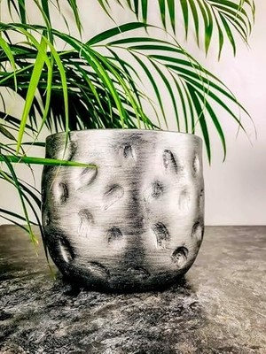 Ev Dekorasyon Aksesuar Gümüş Desenli Toprak Saksı Saksılık Salon Çiçeklik - 19 cm
