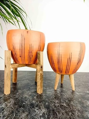 Ev Dekorasyon Siyah Çizgi Desenli Terrakota Toprak Saksı Saksılık Salon Çiçeklik Ikili Set 3 Ayaklı- 4 Ayaklı- 15 cm
