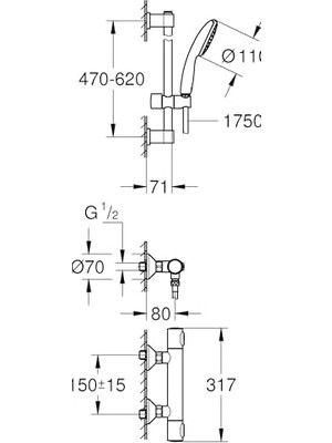 Precision Termostatik Duş Bataryası ve Start 110 Sürgülü Duş Seti, 110MM 1 Akışlı El Duşu, 600MM Sürgülü Ray, 1750MM Duş Hortumu, 38°c Sabit Sıcaklık Ayarı, Krom, 34800001