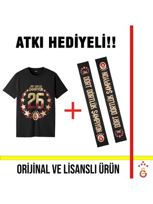 Galatasaray Lisanslı 2026 Şampiyonluğu Siyah T-Shirt ve 26 Şampiyonluk Atkı