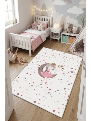 Norella Home Prenses Kız Çocuk Halısı Kaymaz Taban Yıkanabilir Ay ve Yıldız Desenli Çocuk Odası Halısı