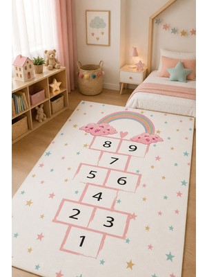 Norella Home Seksek Desenli Çocuk Halısı Kaymaz Taban Yıkanabilir Gökkuşağı Temalı Oyun Halısı
