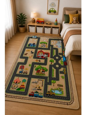 Norella Home Yol Desenli Çocuk Halısı Kaymaz Taban Yıkanabilir Şehir ve Çiftlik Temalı Oyun Halısı