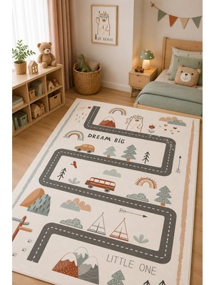 Norella Home Yol Desenli Çocuk Halısı Kaymaz Taban Yıkanabilir Iskandinav Orman Temalı Oyun Halısı