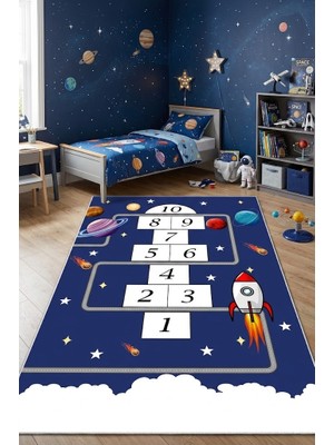 Norella Home Seksek Desenli Çocuk Halısı Kaymaz Taban Yıkanabilir Uzay ve Roket Temalı Oyun Halısı