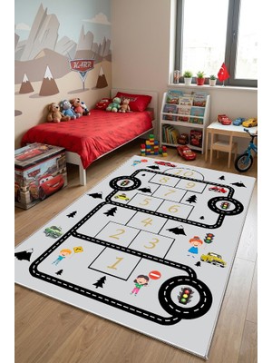 Norella Home Seksek Desenli Çocuk Halısı Kaymaz Taban Yıkanabilir Trafik ve Araba Temalı Oyun Halısı