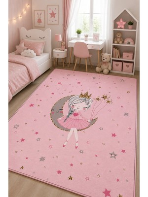 Norella Home Prenses Kız Çocuk Halısı Kaymaz Taban Yıkanabilir Ay ve Yıldız Desenli Çocuk Odası Halısı