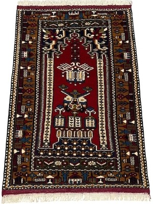 Burak Halı El Dokuma Sıfır Yahyalı Halısı Seccade 87X130 Kırmızı Kök Boya %100 Yün Namazlık