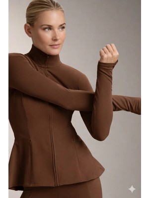Gugus Kadın Light Warm Running Volanlı Fermuarlı Yüksek Yaka Spor Ceket – Esnek Activewear