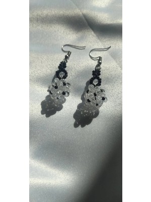 Kristal Taşlı Boncuk Küpe,el Yapımı, Beyaz Siyah Sallantılı Küpe,miyuki Boncuk Küpe, Handmade