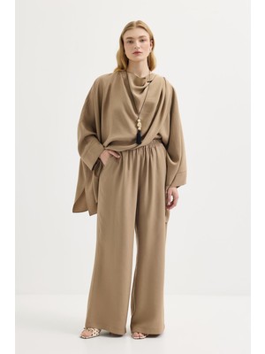 Kadriye Baştürk Şal Yaka Modal Tunik Pantolon Takım Camel