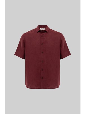 Machinist Erkek Kısa Kol Oversize Keten Gömlek Bordo