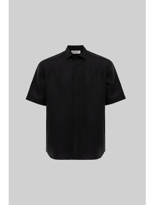 Machinist Erkek Kısa Kol Oversize Keten Gömlek Siyah