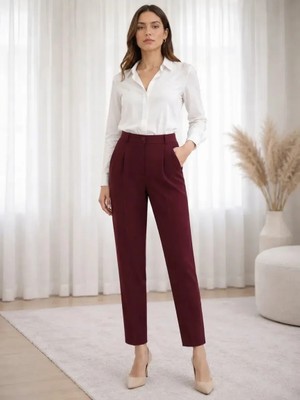 Luxina Kadın Bordo Yüksek Bel Kumaş Havuç Pantolon