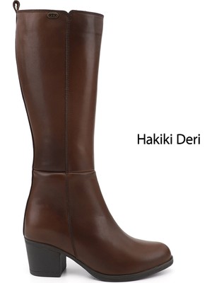Gönderi(r) Kadın Kahve Antik  Fermuarlı Kalın Topuklu Hakiki Deri Çizme
