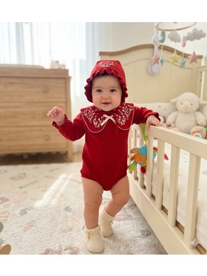 Mini Cayzen Baby Kız Bebek Yakası Nakışlı Ariana Romper Şapka 2'li Set
