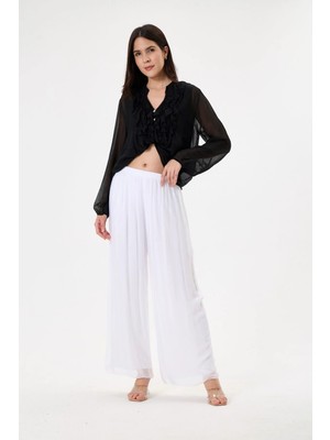 Della Moor White Kadın Italyan Beli Lastikli Bol Paça Ipek Pantolon 38 - 48 Beden