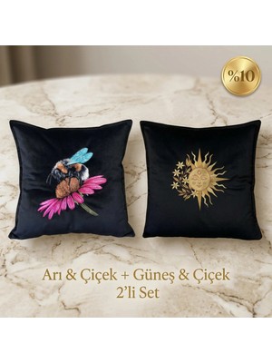 Harmony Factory Arı & Güneş Çiçeği 2'li Kırlent Seti - Nakışlı Dekoratif Yastık Kılıfı Hediyelik 2'li Kombin