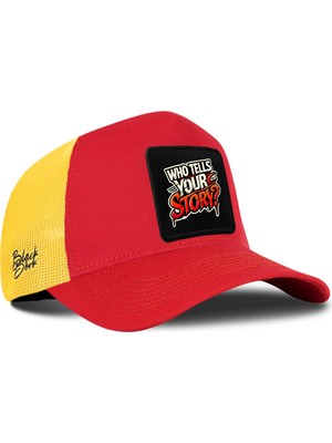 BlackBörk Who Tells Your Story Logolu Kırmızı-Sarı Trucker Şapka