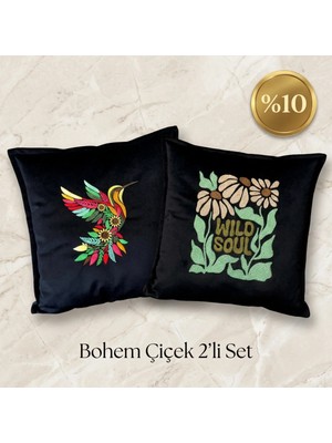 Harmony Factory Bohem Çiçek 2'li Kadife Kırlent Seti - Nakışlı Dekoratif Yastık Kılıfı Hediyelik 2'li Kombin