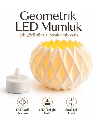Decoroom Geometrik LED Mumluk Dekoratif Tealight Mumluk Sıcak Işık Efektli Modern Masa Sehpa Raf Dekoru