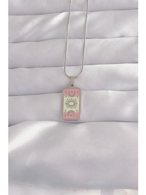 316L Çelik Gümüş Renk Pembe Mineli Ay Figür Tarot Kolye 5886