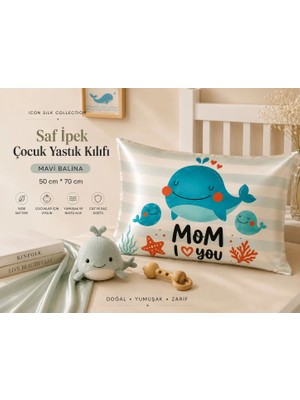 ICON SILK %100 Saf Ipek Çocuk Yastık Kılıfı (Mavi Balina)