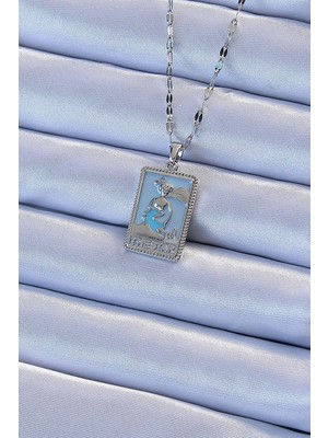 316L Çelik Zincir Gümüş Renk Mavi Mineli Tarot Kolye 5886