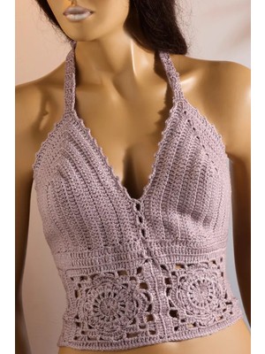 Talin Handmade El Örgüsü Lila Çiçek Desenli Crop Top - 40/42 Beden Uyumlu