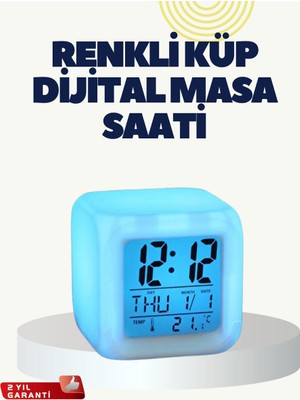 Termometre ve Takvim Özellikli 7 Renk Değiştiren Küp Alarm Saati