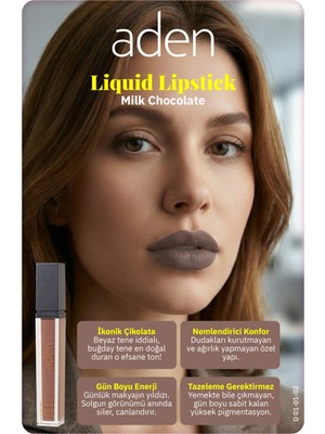 Aden Liquid Lipstick - Likit Ruj 02 Milk Chocolate(Sütlü Çikolata)