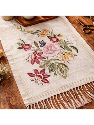 Muguetarts %100 El Işlemeli Çiçek ve Kelebek Dekorlu Keten Masa Runner Örtü (76X51CM)