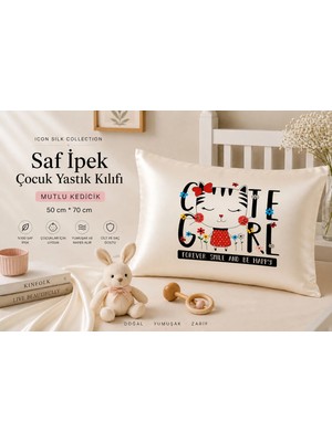ICON SILK %100 Saf Ipek Çocuk Yastık Kılıfı (Mutlu Kedicik)