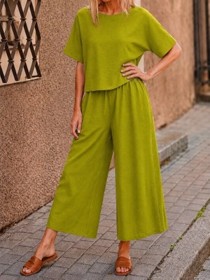 Efnaz Style Kadın Kısa Kollu Kayık Yakalı Bluz ve Pantolon Ikili Takım