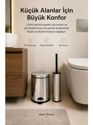 Alper Banyo 3 LT Pedallı Çöp Kovası Seti, Klozet Fırçası Dahil, Şık Krom Görünüm ve Kolay Temizlik