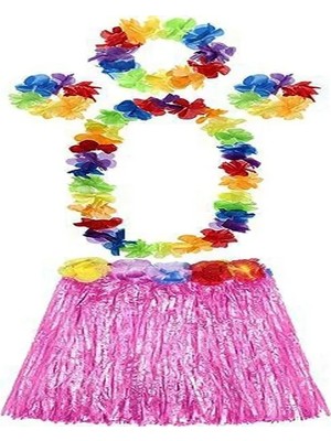 Renas Store Yetişkin ve Çuk Uyumlu Luau Ha Hawaii Pembe Etek ve Renkli Kolye Taç 2 Adet Bileklik Seti