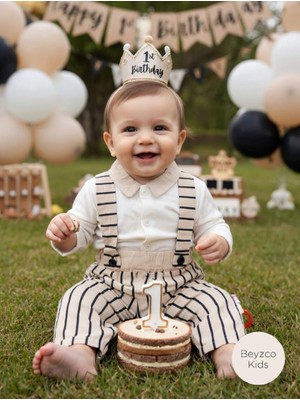 Erkek Bebek Dik Çizgili Düğmeli Salopet 2li Takım