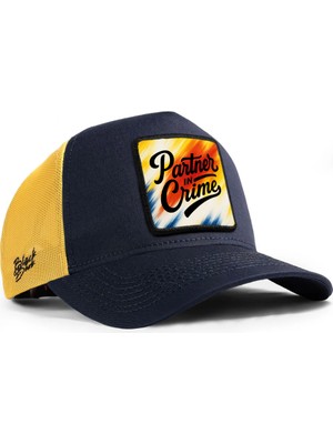 BlackBörk Partner in Crime Logolu Koyu Lacivert-Sarı Trucker Şapka