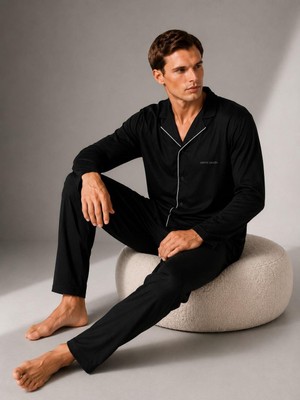 Pierre Cardin Premium Erkek %100 Pamuklu Gömlek Yaka Önden Düğmeli Uzun Kollu Kutulu Pijama Takım