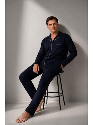 Pierre Cardin Premium Erkek %100 Pamuklu Gömlek Yaka Önden Düğmeli Uzun Kollu Kutulu Pijama Takım