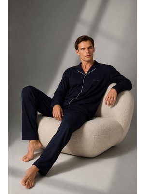 Pierre Cardin Premium Erkek %100 Pamuklu Gömlek Yaka Önden Düğmeli Uzun Kollu Kutulu Pijama Takım