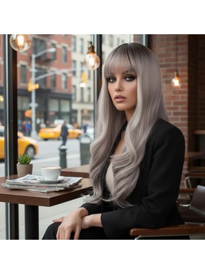 Renas Store Doğal Daalı Perçemli Fiber Sen Uzun Boy Peruk / Koyu Kumral / Açık Rus Kumralı Ombre ve Röfleli