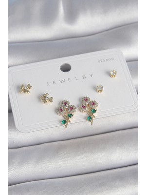 Renas Store Pirinç Gold Renk Renkli Zirkon Taşlı Çiçek Model Yaprak Detay 925 Ayar Gümüş Çivi Kadın Küpe Seti