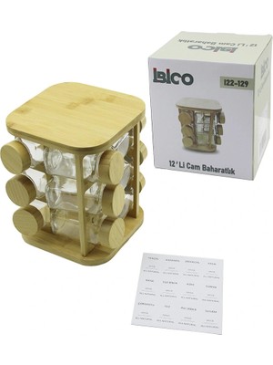 Renas Store 12PCS Kare Döner Standli Cam - Bambu Kapak Tuzluk - Baharatlik Bambu Stand (5047)
