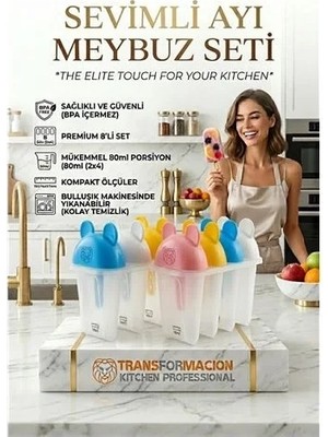 Renas Store Sevimli Ayıcık Figürlü 8'li Dondurma Meybuz Kalıbı Seti - Sağlıklı Ev Yapımı Lezzetler 723093